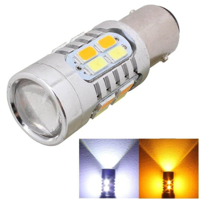 LED Car Brake Light Bulb, Yellow and White for Parking and Signals - dual-color LED bulb showing white parking light and yellow signal output