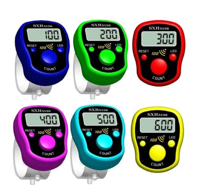 LED Counter With Sound Reminder, 4 Pack For Everyday Counting - six colorful fingertip tally counters with LED displays and audible beep