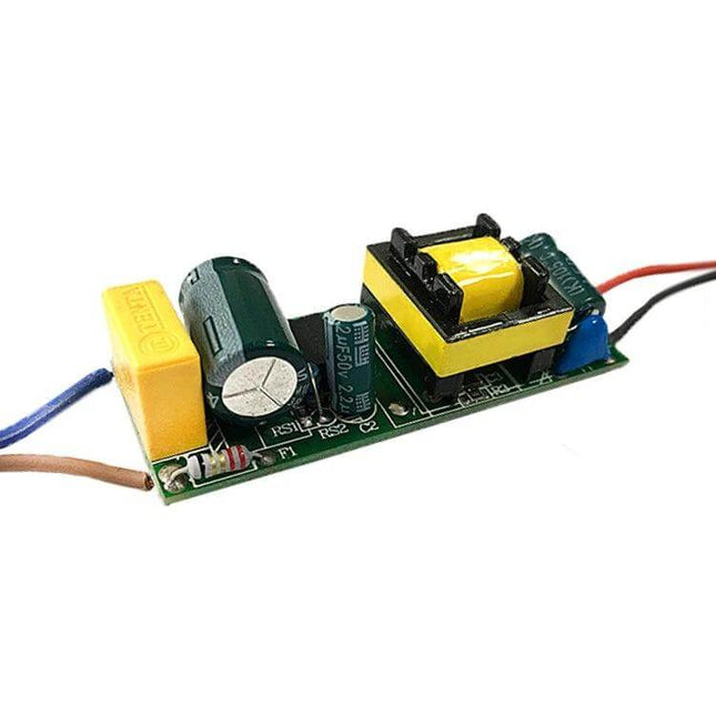 LED Driver for Lighting, 18–25W Isolated Power Supply on PCB showing transformer, capacitors and input/output wires for ceiling fixtures and LED modules
