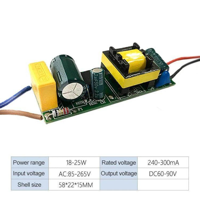 LED Driver for Lighting, 18–25W Isolated Power Supply compact board showing transformer, capacitors, and wiring for DC 60–90V 240–300mA output