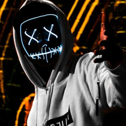 LED Face Mask For Halloween Parties Lightweight Comfort glowing electroluminescent mask on hooded person for concerts and night parties
