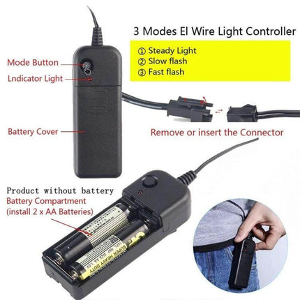 LED Face Mask For Halloween Parties Lightweight Comfort - EL wire 3-mode battery controller pack with mode button, indicator light, and AA battery compartment