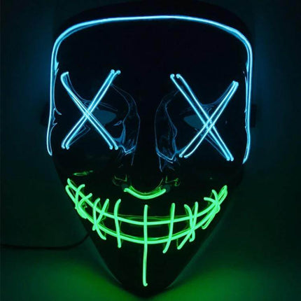 LED Face Mask For Halloween Parties Lightweight Comfort neon blue X eyes and green stitched smile on black mask, breathable flexible electroluminescent design