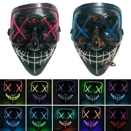 LED Face Mask For Halloween Parties Lightweight Comfort - black EL wire glowing masks with pink and blue X eyes and stitched mouth, breathable flexible design