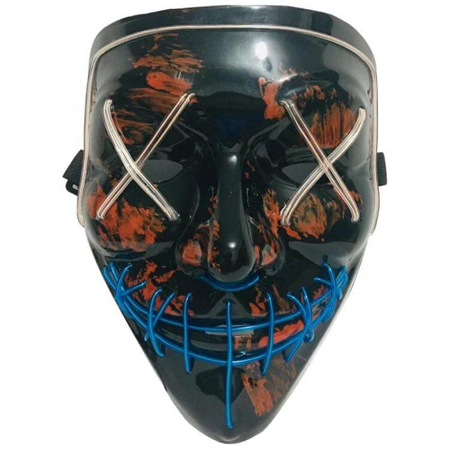 LED Face Mask For Halloween Parties Lightweight Comfort - black glossy EL wire mask with orange splatter, blue stitched LED smile and X-eye lights