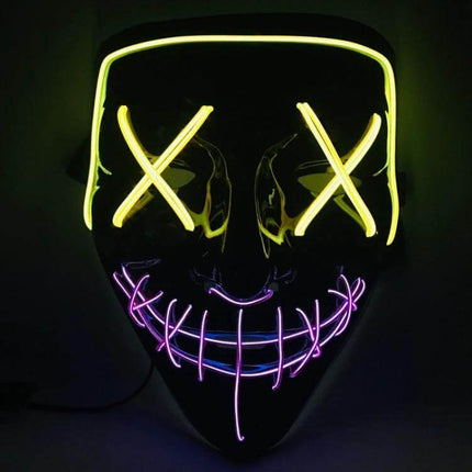 LED Face Mask For Halloween Parties Lightweight Comfort - glowing neon X-eyes and stitched smile on flexible electroluminescent party mask