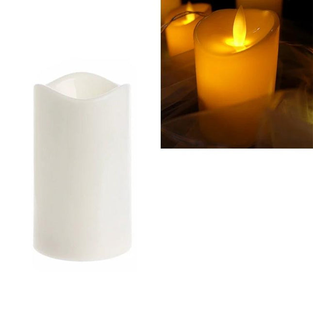 LED Flameless Cylindrical Candle With Remote For Home Decor white cylinder with warm yellow LED glow for tables, mantels and safe ambient lighting