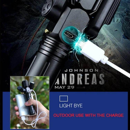 LED Flashlight for Outdoor Tasks with USB Charging showing USB port, charging cable, and bright main beam for camping and emergencies
