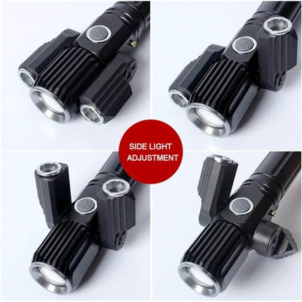 LED Flashlight for Outdoor Tasks with USB Charging showing main beam and 300-degree rotating XPE sidelights for camping and emergencies