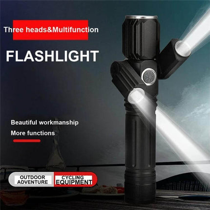 LED Flashlight for Outdoor Tasks with USB Charging – multifunctional 3-head design with 500m beam and 300° rotating XPE sidelights for camping and repairs