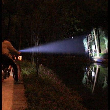 LED Flashlight for Outdoor Tasks with USB Charging illuminating a 500m beam across a nighttime trail and lake, ideal for camping and roadside repairs