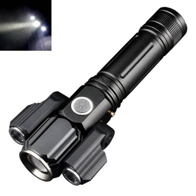 LED Flashlight for Outdoor Tasks with USB Charging - 500m main beam, 300° rotating XPE sidelights for camping, trail work and emergencies
