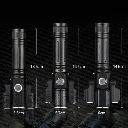 LED Flashlight for Outdoor Tasks with USB Charging - compact black flashlight with main beam and 300° rotating sidelights, dimensions shown