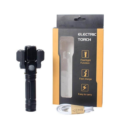 LED Flashlight for Outdoor Tasks with USB Charging - black multi-beam torch, 500m main beam, 300° rotating sidelights, USB cable and packaging