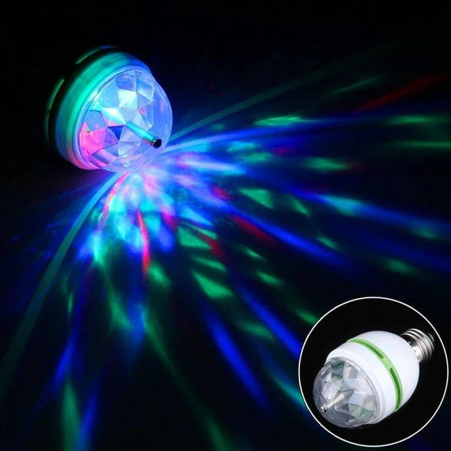 Led Full Color Auto Rotating Lamp For Parties At Home projecting vibrant RGB beams across a dark room, compact plug-in party light