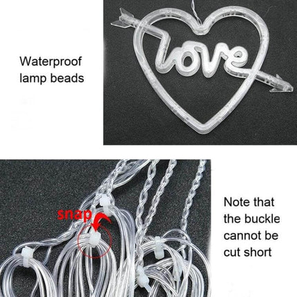 LED Heart-Shaped Curtain Lights Warm White EU Plug showing waterproof heart love motif and snapped buckle on clear LED lamp bead strands