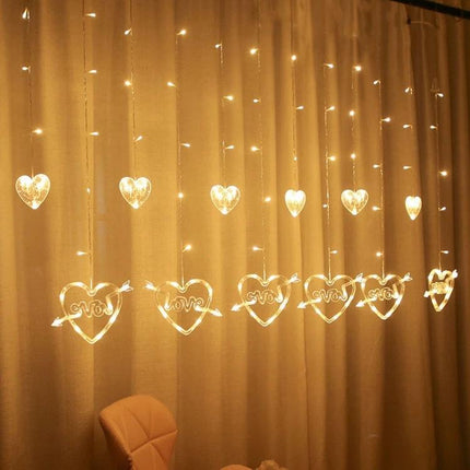 Alt Tag: LED Heart-Shaped Curtain Lights Warm White EU Plug hanging warm white heart curtain lights 2.5m main line with 80cm and 60cm drops