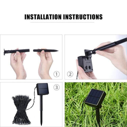 LED Holiday Decorative Lights 17m for Indoor and Outdoor Decor installation steps showing ground stake, solar panel, and light string setup