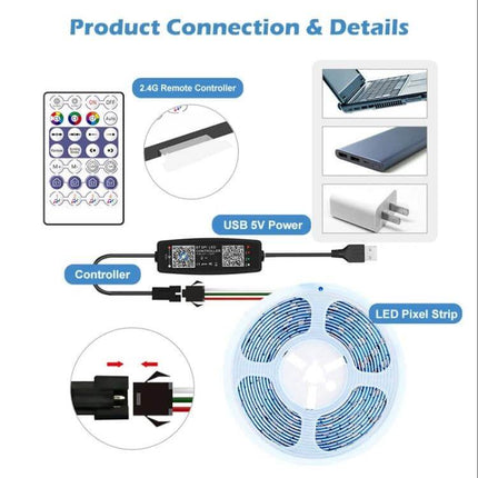 LED Light Strip Controller With Bluetooth App Remote showing USB 5V power, controller, 2.4G remote, and LED pixel strip connections