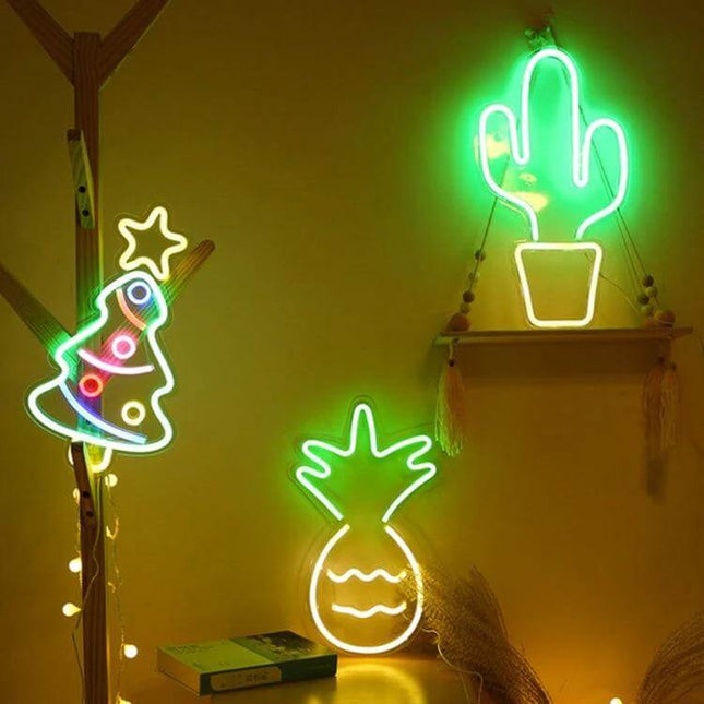 LED Neon Acrylic Back Panel Light Cactus Decoration glowing green cactus wall light with pineapple and tree neon accents for bedroom decor