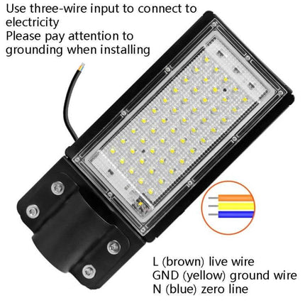 LED Outdoor Floodlight for Courtyard and Garden Use 50W or 100W showing LED array, three‑wire input (L brown, GND yellow, N blue) and mounting bracket