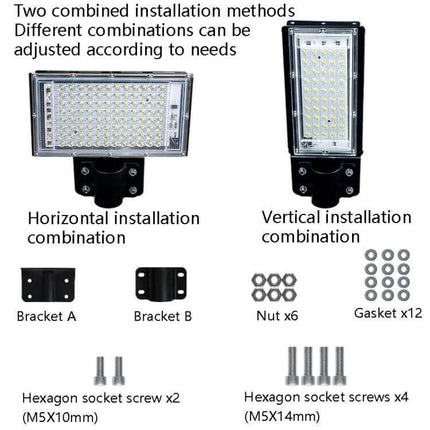 LED Outdoor Floodlight for Courtyard and Garden Use 50W or 100W showing horizontal and vertical mounting options with brackets, nuts, gaskets and screws