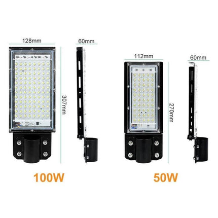 LED Outdoor Floodlight for Courtyard and Garden Use 50W or 100W - side and front views with dimensions showing 50W (270mm) and 100W (307mm) models