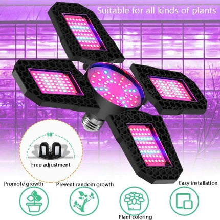 LED Plant Lamp Full Spectrum Grow Light For Indoor Plants - 150W adjustable quad-panel bulb with red and blue LEDs for seed starting and houseplants