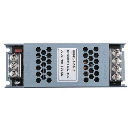 LED Power Supply For Indoor LED Strip Lighting At Home – 12V 5A metal enclosed driver with screw terminals and ventilation for under-cabinet accent lighting