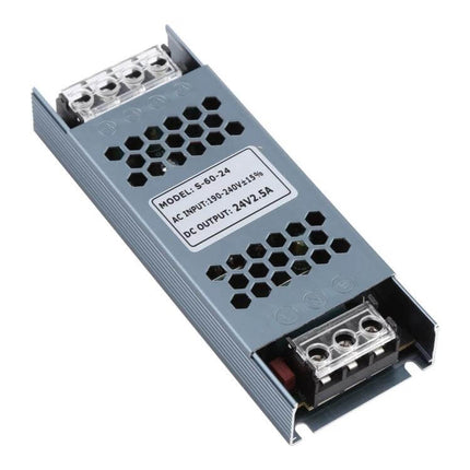 LED Power Supply For Indoor LED Strip Lighting At Home slim 24V 2.5A metal housing with terminal blocks and ventilation for under-cabinet lighting