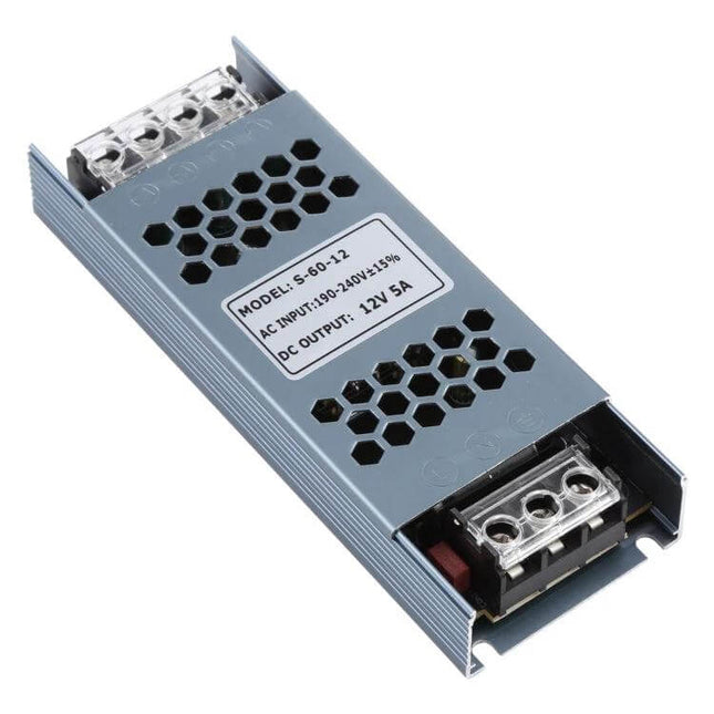 LED Power Supply For Indoor LED Strip Lighting At Home slim 12V 5A metal driver with vents and screw terminals for under-cabinet accent lighting