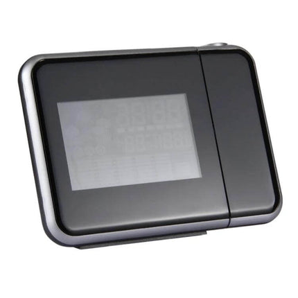 LED Projection Alarm Clock With Weather Station For Home on nightstand showing LED display, time, temperature, humidity and ceiling projection option