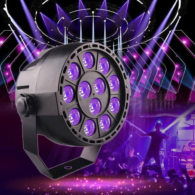 LED Purple Par Light For Stage And Events US And EU Plug showcasing compact purple wash on stage with performers and backdrop lighting