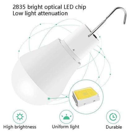 LED Solar Bulb USB Portable Lighting for Camping and Outdoors compact 5W 6500K cool white with hook and USB recharge