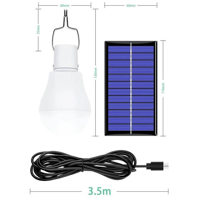 LED Solar Bulb USB Portable Lighting for Camping and Outdoors showing bulb, solar panel and 3.5m USB cable