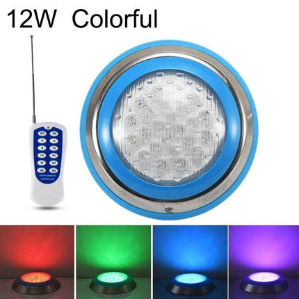 LED Stainless Steel Wall Mounted Pool Light 12W Underwater - 12V colorful remote-controlled stainless steel underwater pool light showcasing red, green, blue, purple modes