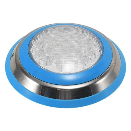 LED Stainless Steel Wall Mounted Pool Light 12W Underwater in stainless steel with blue trim, low-voltage 12V DC underwater pool fixture