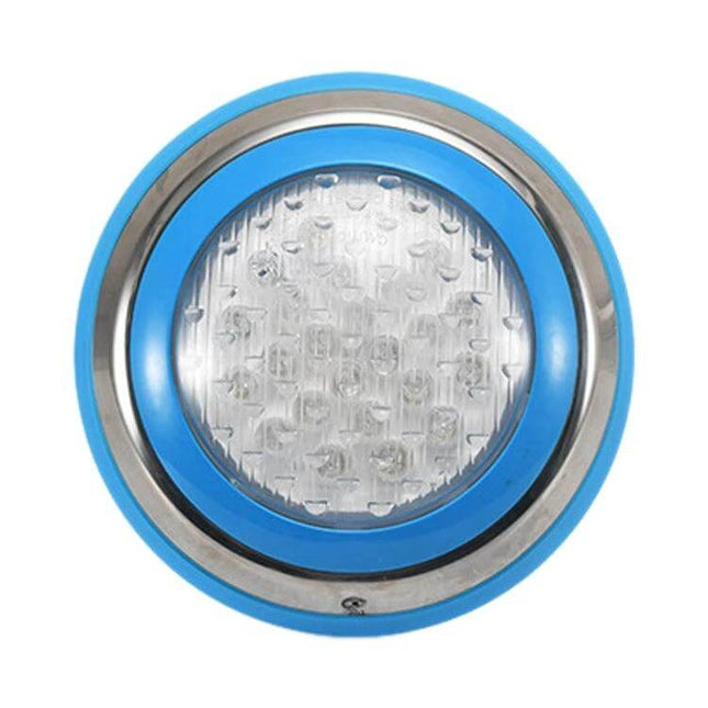 LED Stainless Steel Wall Mounted Pool Light 12W Underwater in stainless steel with blue trim, 12V low-voltage underwater pool light for pools and resorts