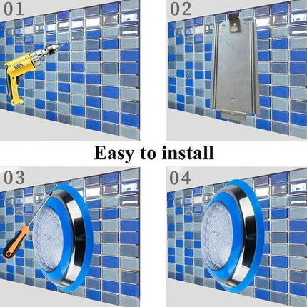 LED Stainless Steel Wall Mounted Pool Light 12W Underwater installed on mosaic pool wall showing easy four-step installation