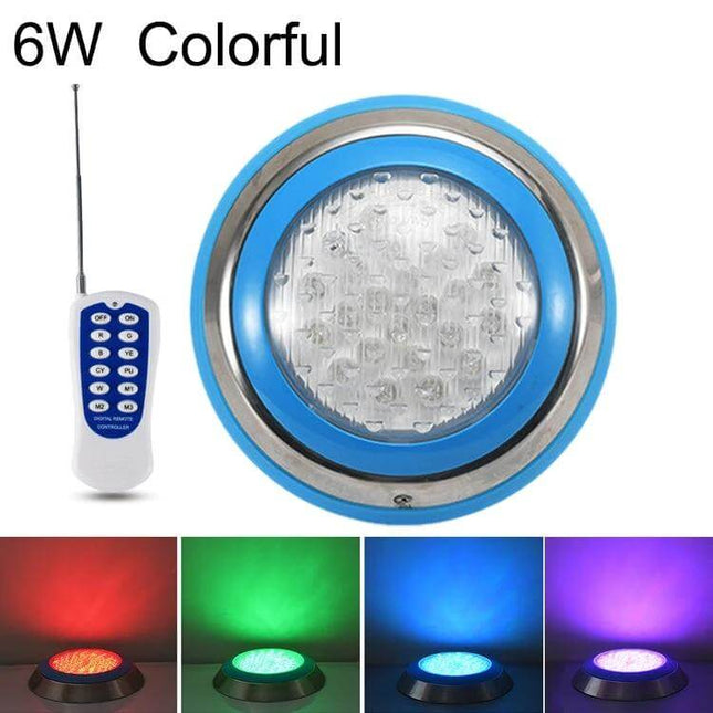 LED Stainless Steel Wall Mounted Pool Light 12W Underwater stainless steel round colorful 6W-style LED pool light with remote, showing red green blue purple illumination