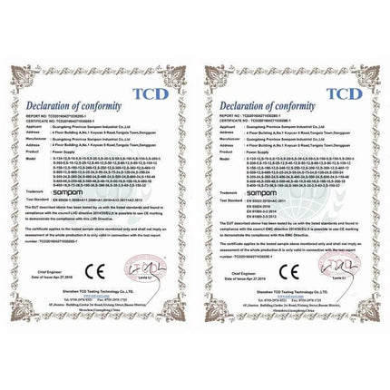 LED Strip Light Power Supply With Iron Housing For Everyday Use certification documents showing compliance and safety stamps