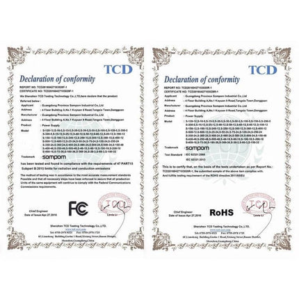 LED Strip Light Power Supply With Iron Housing For Everyday Use certification documents showing RoHS and FCC compliance