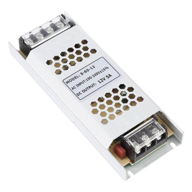 LED Transformer Power Supply For LED Lighting At Home — 12V 5A slim metal DC driver with honeycomb vents for indoor LED strips and fixtures