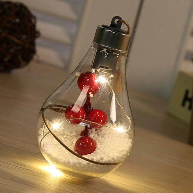 LED Transparent Christmas Ball Ornaments 2 Pack For Tree - clear LED bulb ornament with red berry decor and soft warm glow