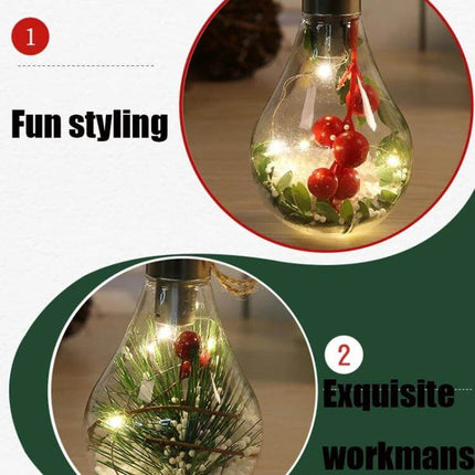 LED Transparent Christmas Ball Ornaments 2 Pack For Tree glowing clear plastic balls with warm LED lights and red berry decor