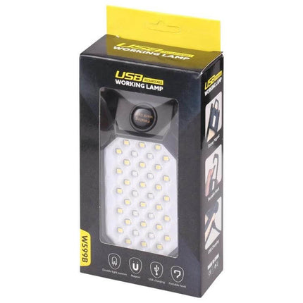 LED Work Light With Magnetic Base For Home And Garage - USB rechargeable LED work light in retail packaging, magnetic base and foldable hook for hands-free tasks