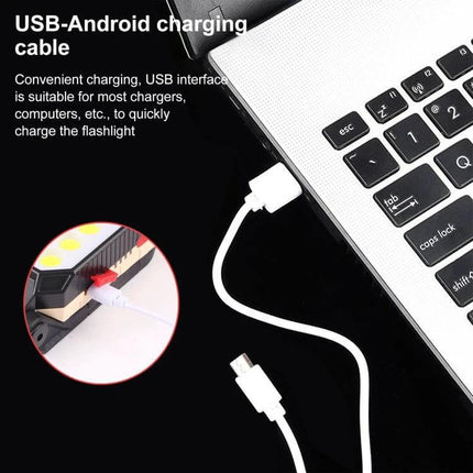 LED Work Light With Magnetic Base For Garage And Home showing USB-Android charging cable plugged into laptop for compact hands-free charging