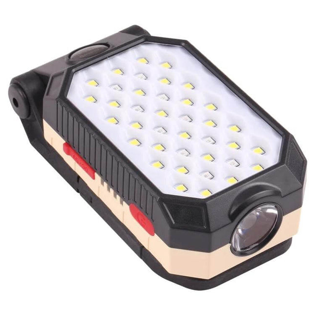 LED Work Light With Magnetic Base For Home And Garage showing folded compact LED panel, front spotlight and magnetic base for hands-free garage and workshop use