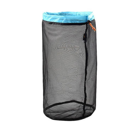 Lightweight Mesh Storage Organizer Bag Gray Blue For Home breathable polyester mesh laundry and camping organizer with drawstring top