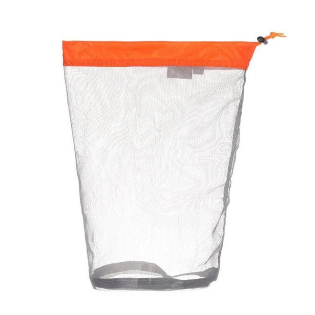 Lightweight Mesh Storage Organizer Bag Gray Blue For Home - breathable polyester mesh bag with orange trim, drawstring closure for toiletries and camping gear